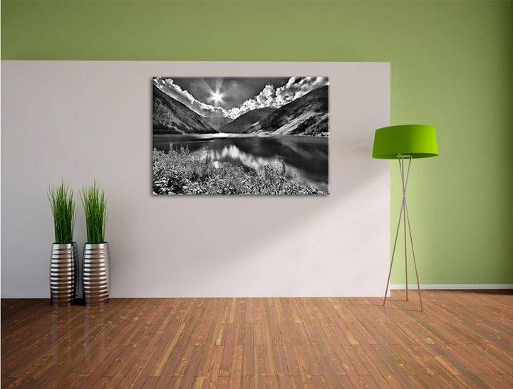 Pixxprint Blumenwiese Bergsee / 100x70cm Leinwandbild bespannt auf Holzrahmen/Wandbild Kunstdruck De