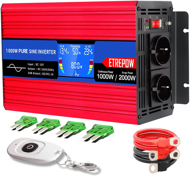 Wechselrichter 1000w 12v auf 230v Reiner Sinus Spannungswandler | 2 EU-Steckdose und Einer 2,1A USB,