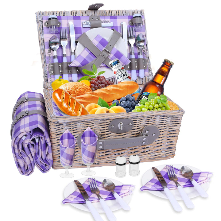 HYBDAMAI Picknickkorb Set für 4 Person mit Kühlfach und wasserdichte Picknickdecke, Abnehmbarer Riem