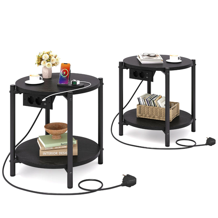 IRONCK Rund Nachttisch 2er Set, Beistelltisch mit Steckdose, USB-C-Anschluss, Kleiner Tisch Holz & M