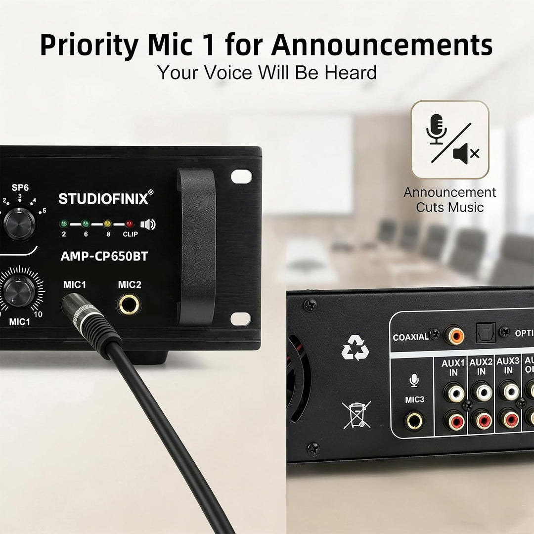STUDIOFINIX Gewerblicher Bluetooth-Verstärker 650W 6 Zonen 70V, 2U Rack-Einbau, 3 Mikrofoneingänge m