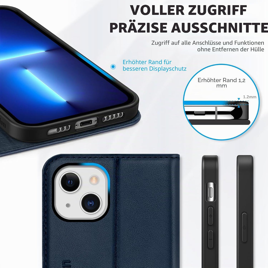 SHIELDON Hülle für iPhone 13, Handyhülle [Rindsleder] [Verdicht TPU] [Kartenfach] [Standfunktion] [M