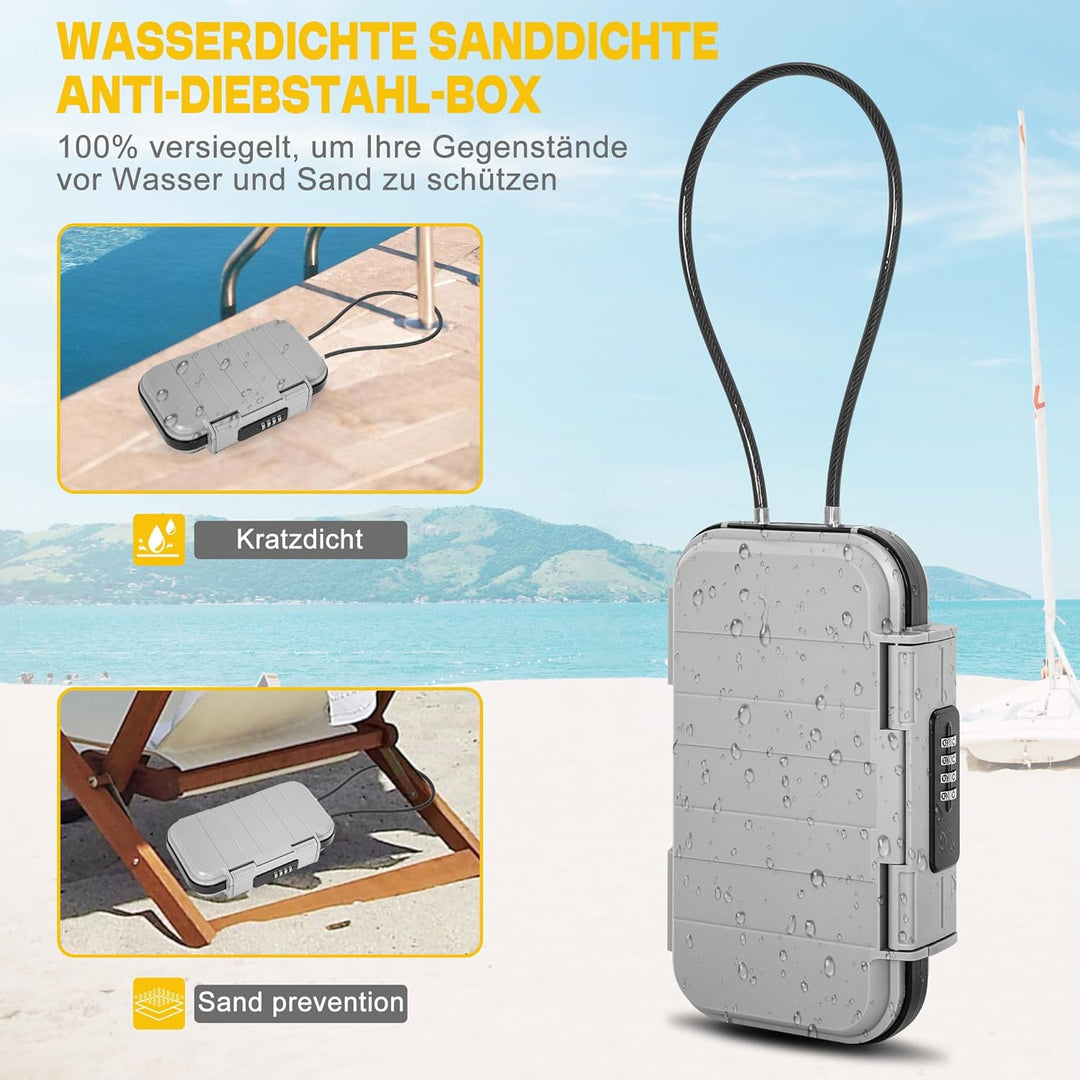 OUUTMEE Tragbare Tresor mit Zahlenschloss Strandsafe 24 x 14 x 5,8 cm Strandtresor zum Anketten,Geei