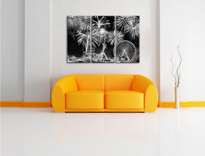 Pixxprint Monocrome, Silvester Riesenrad, Feuerwerk 3-Teiler Leinwandbild 120x80 Bild auf Leinwand