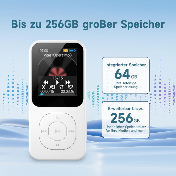 64GB MP3-Player mit Bluetooth 5.3, Tragbarer Musikplayer mit Lautsprecher, FM-Radio, Sprachrekorder,