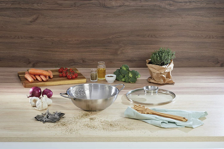 Wok aus Edelstahl 18/10, Ø 28 cm, Fassungsvermögen 3,75 l, Deckel mit Aromaknopf, hergestellt in Ita