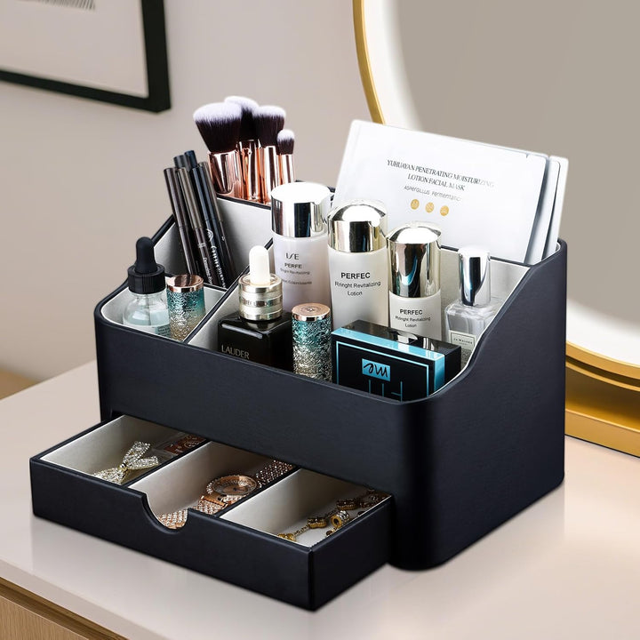 KINGFOM Make Up Kosmetik Organizer, PU Leather Schmink Organizer mit Schublade Skincare Organizer fü