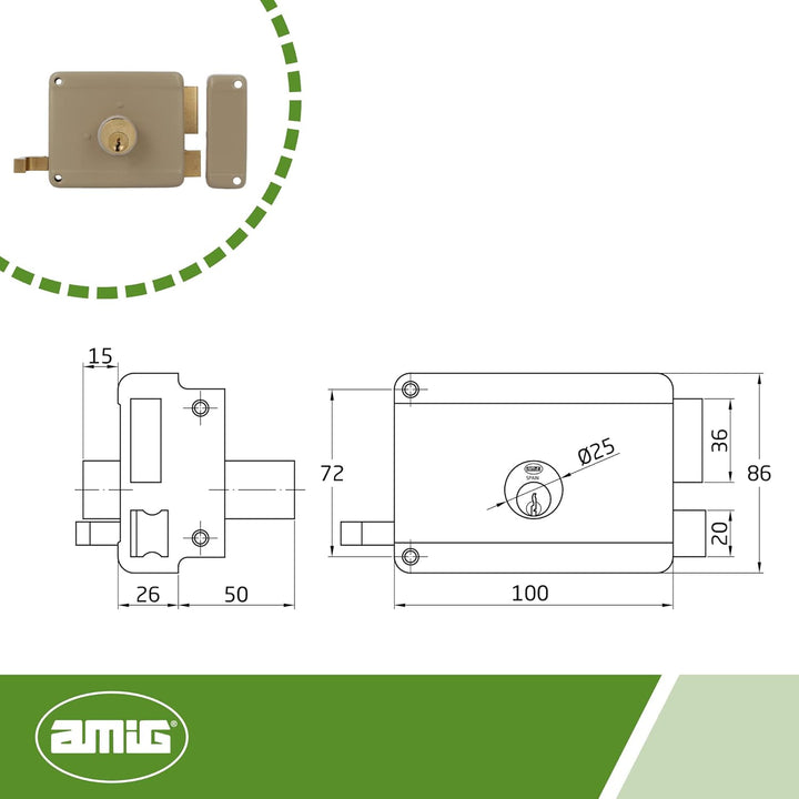 Amig - Aufschraubschloss DIN rechts mit Schliesshebel, Falle und Ziehgriff für Holztüren Mod. 78-100