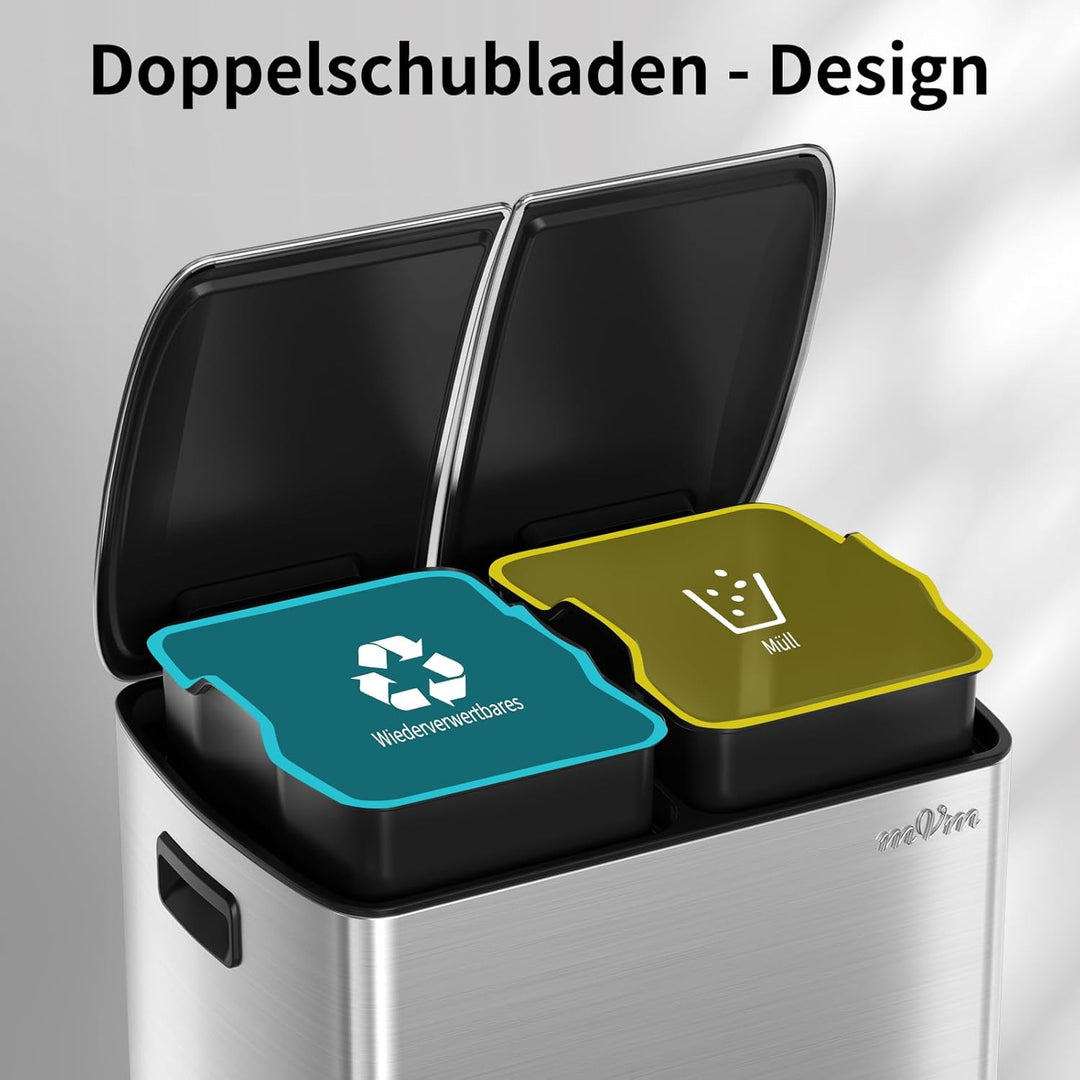 mVm Mülleimer Küche,60 Liter Treteimer,2x30L Doppelter Abfalleimer 2er-Mülleimer Mülltrennung mit In