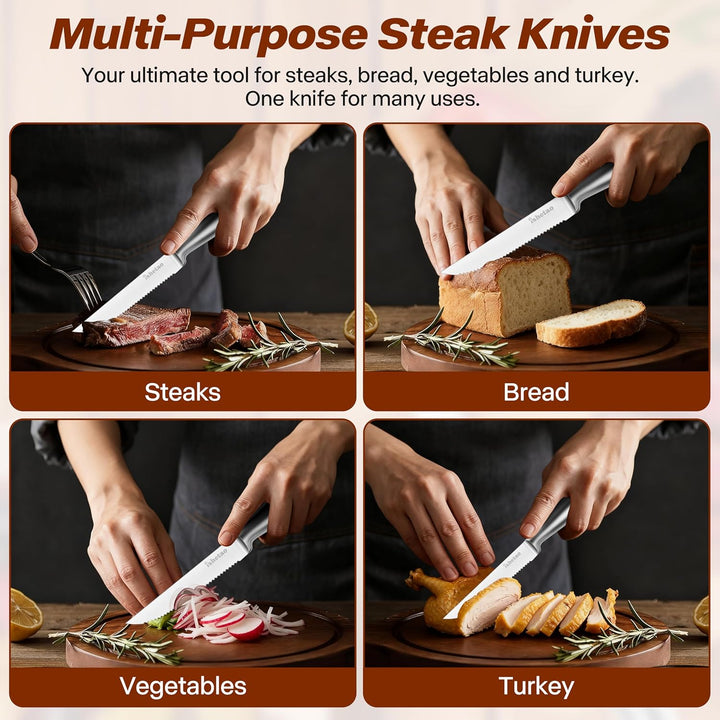 isheTao Steakmesser-Set, 6-teilig, Extra Scharfe Klinge, Wellenschliff, spülmaschinengeeignet, 12 cm