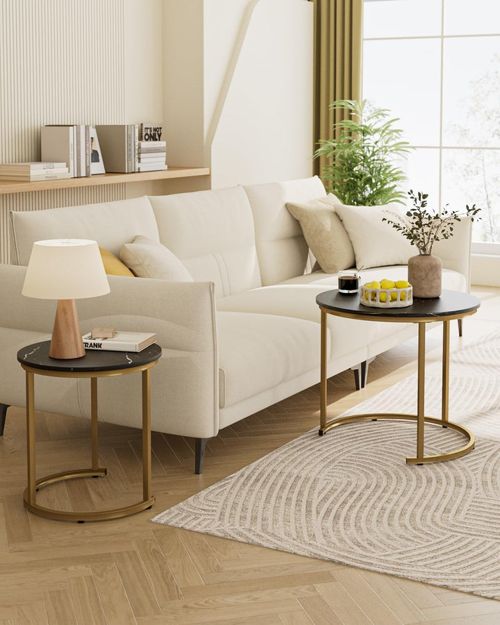 Couchtisch Rund 2er Set, Wohnzimmertisch, Beistelltische Gold Metall, Kaffeetisch für Sofatisch, Woh