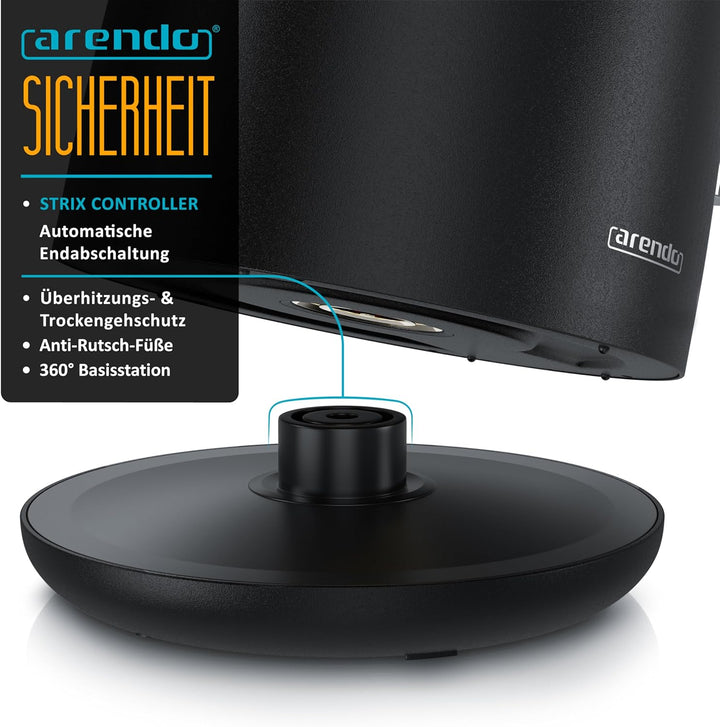 Arendo - Wasserkocher Edelstahl – 1,5 Liter - 2200 Watt – Doppelwand-Design – 360° Controller – BPA-