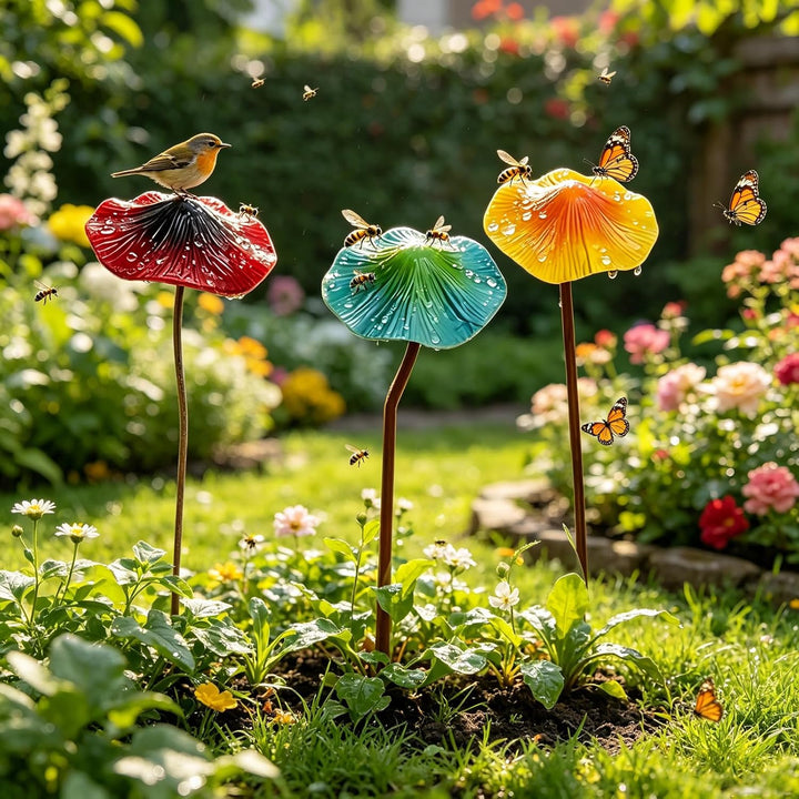 Gartendeko für Draussen Wetterfest 3 Stück Bunte Pilz Deko, Gartenstecker Rost Elfen Figuren Garten