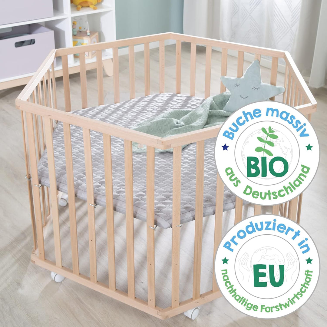 roba Laufgitter 6-eckig 'Cosiplay' aus Bio-Buche, inkl. Schutzeinlage 'roba Style grau' & Rollen rob