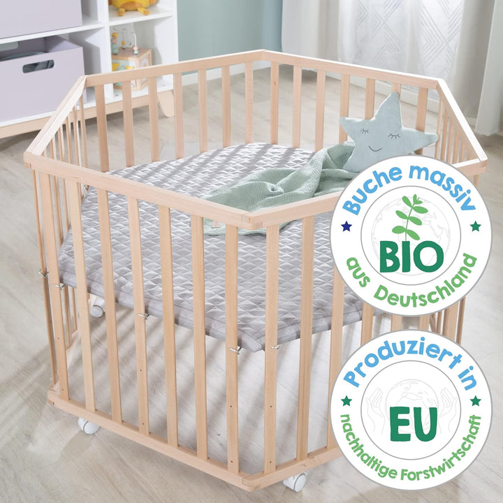 roba Laufgitter 6-eckig 'Cosiplay' aus Bio-Buche, inkl. Schutzeinlage 'roba Style grau' & Rollen rob