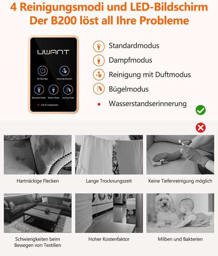 uwant B200, Polsterreiniger Gerät, 1900W | Dampft, Schrubbt und Saugt | Für Teppiche, Sofas, Vorhäng