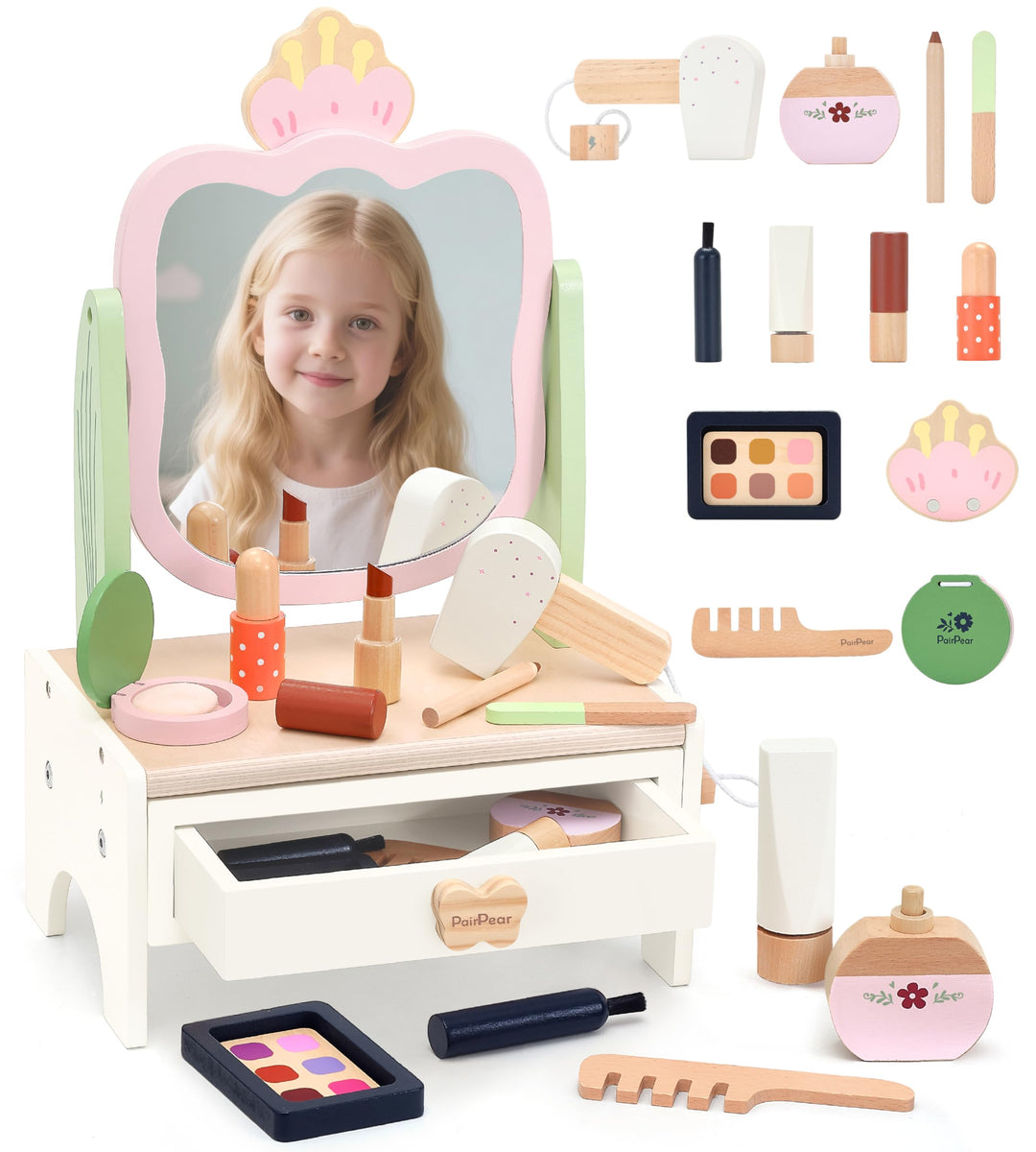 PairPear Holz-Kosmetikset für Kinder mit drehbarem Spiegel, Beauty-Salon Spielset mit 19 Zubehörteil