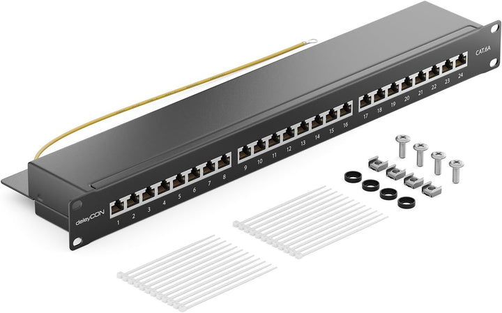 deleyCON CAT 6a Patchpanel Verteilerfeld 24 Port - Desktop 19 Zoll Rackeinbau Servermontage RJ45 Ges