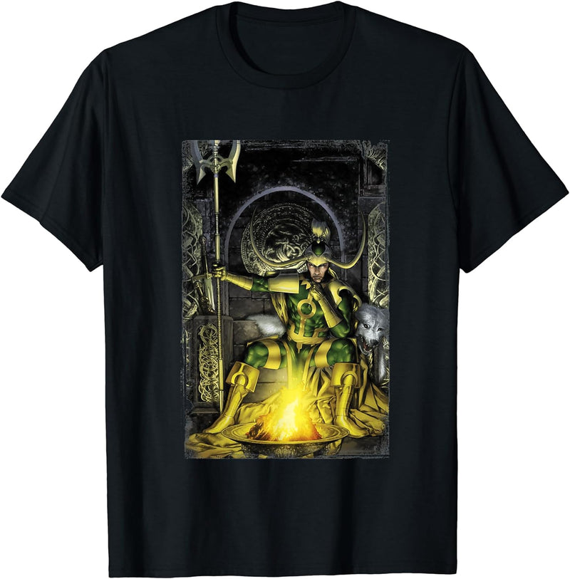 Womens Marvel Fenris Loki On His Throne Bonfire Graphic T-Shirt Medium Dark Heather