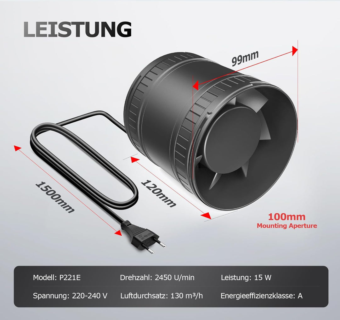 Rohrventilator 100mm, Leise Rohrlüfter mit Doppelkugellagermotor Überhitzungsschutz, 32dB 130m³/h Ra