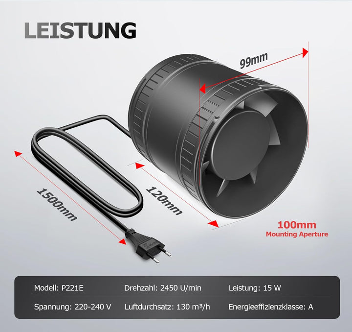 Rohrventilator 100mm, Leise Rohrlüfter mit Doppelkugellagermotor Überhitzungsschutz, 32dB 130m³/h Ra