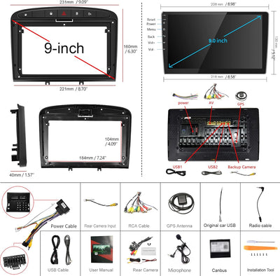 Podofo Android Autoradio GPS für Peugeot 308 408 2009-2013, 9" Touchscreen WiFi Bluetooth FM RDS Rad