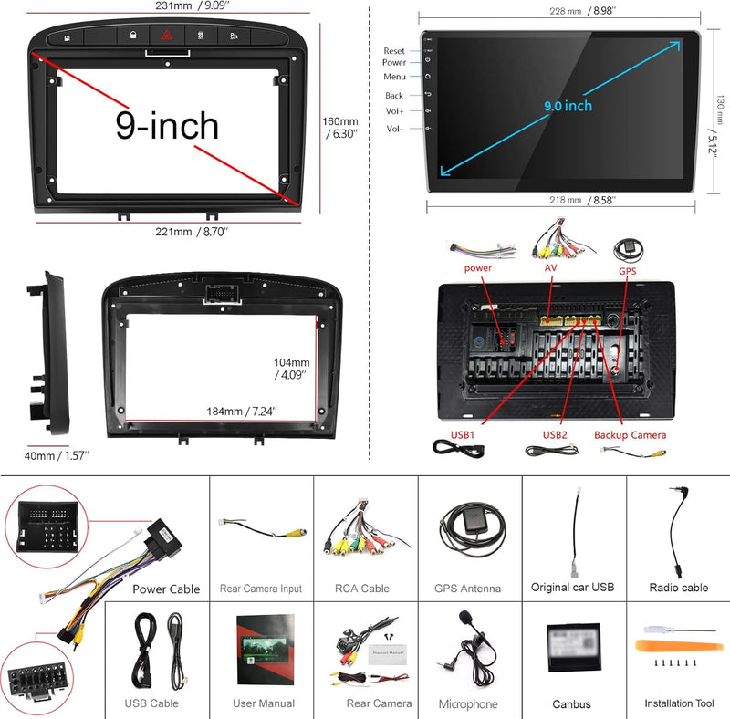 Podofo Android Autoradio GPS für Peugeot 308 408 2009-2013, 9" Touchscreen WiFi Bluetooth FM RDS Rad