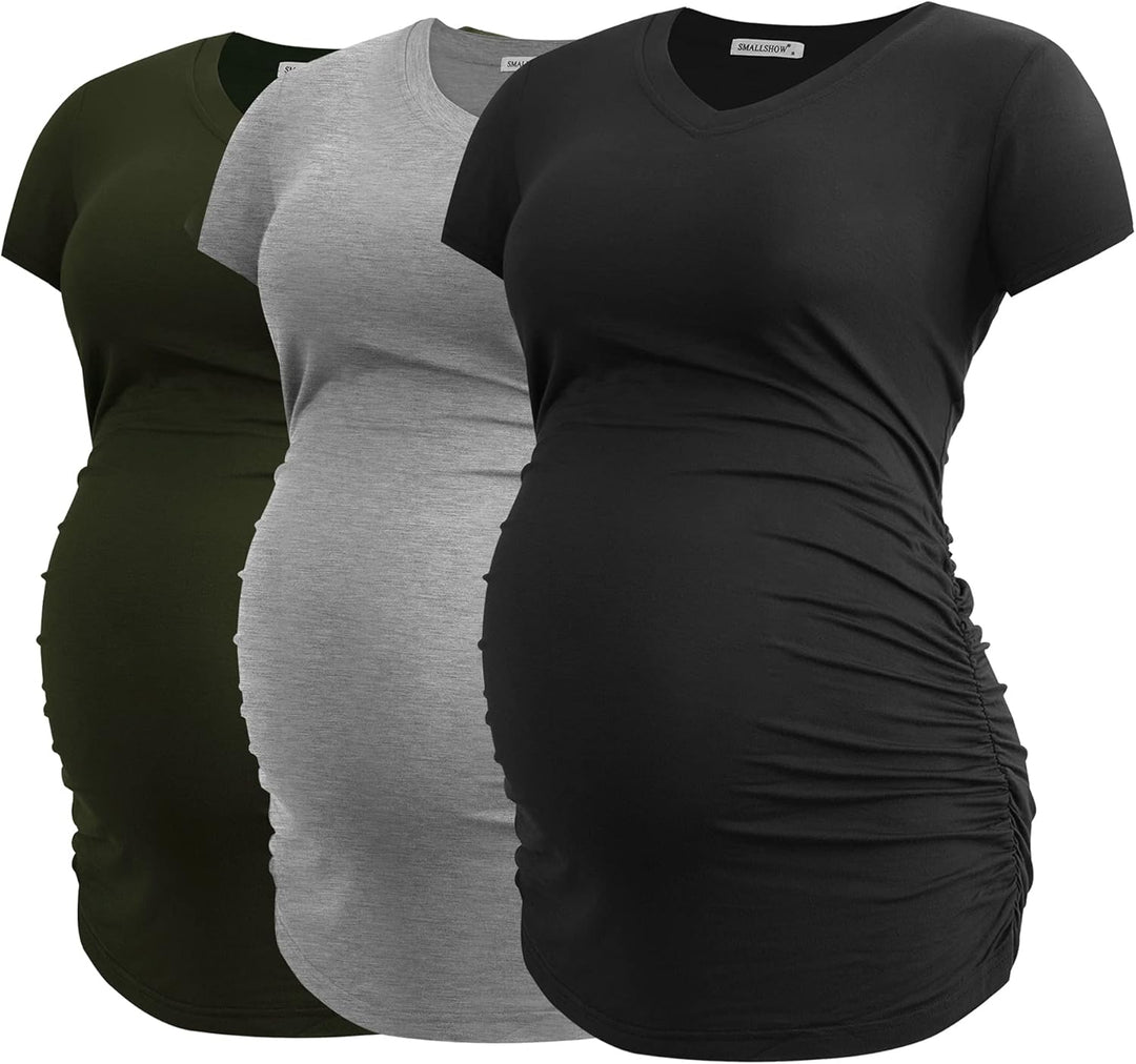 Smallshow Damen Umstandstop V Hals Schwangerschaft Seite Geraffte Umstandskleidung Tops T Shirt 3 Pa