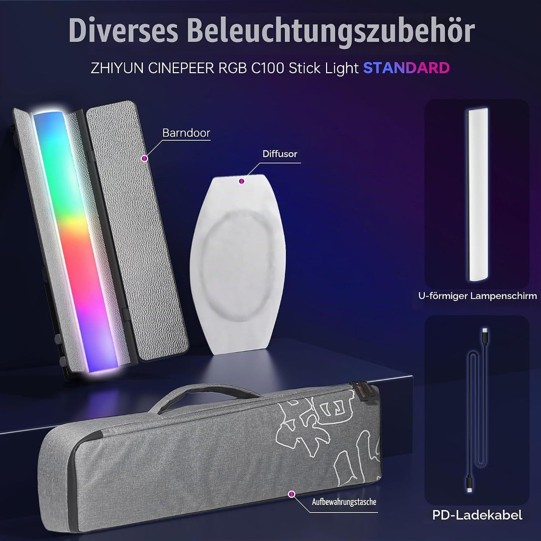 ZHIYUN CINEPEER C100 100W RGB Lichtstab, APP-Steuerung Videoleuchte Handgehalten 2700K-6500K CRI 95+