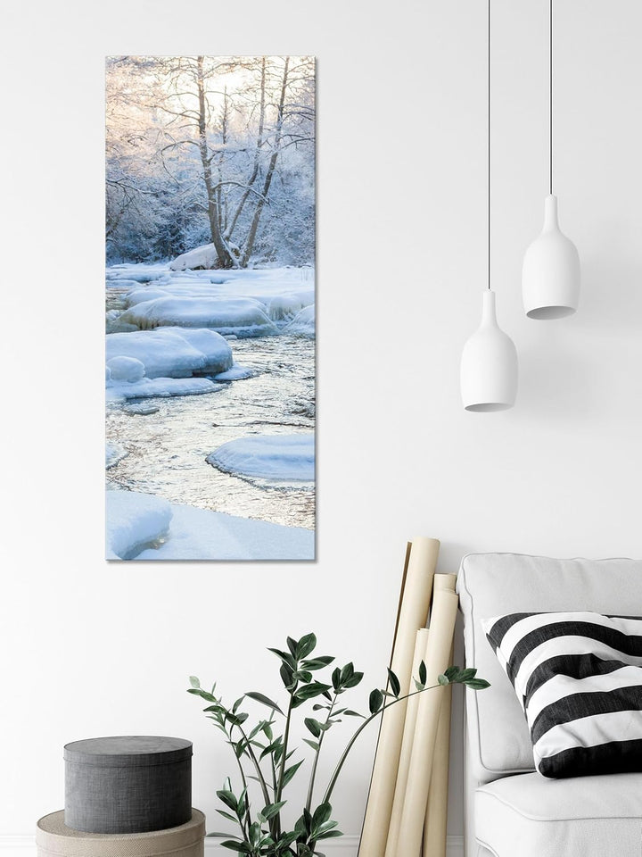 Glasbild Panorama | Wandbild aus Echtglas | Bach in Winterlandschaft | 120x50 cm | inkl. Aufhängung