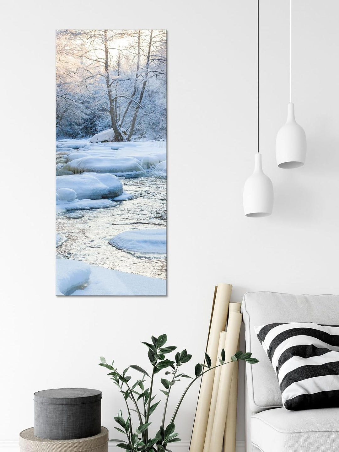 Pixxprint Glasbild Panorama, Wandbild aus Echtglas, Bach in Winterlandschaft, 100x40 cm, inkl. Aufhä