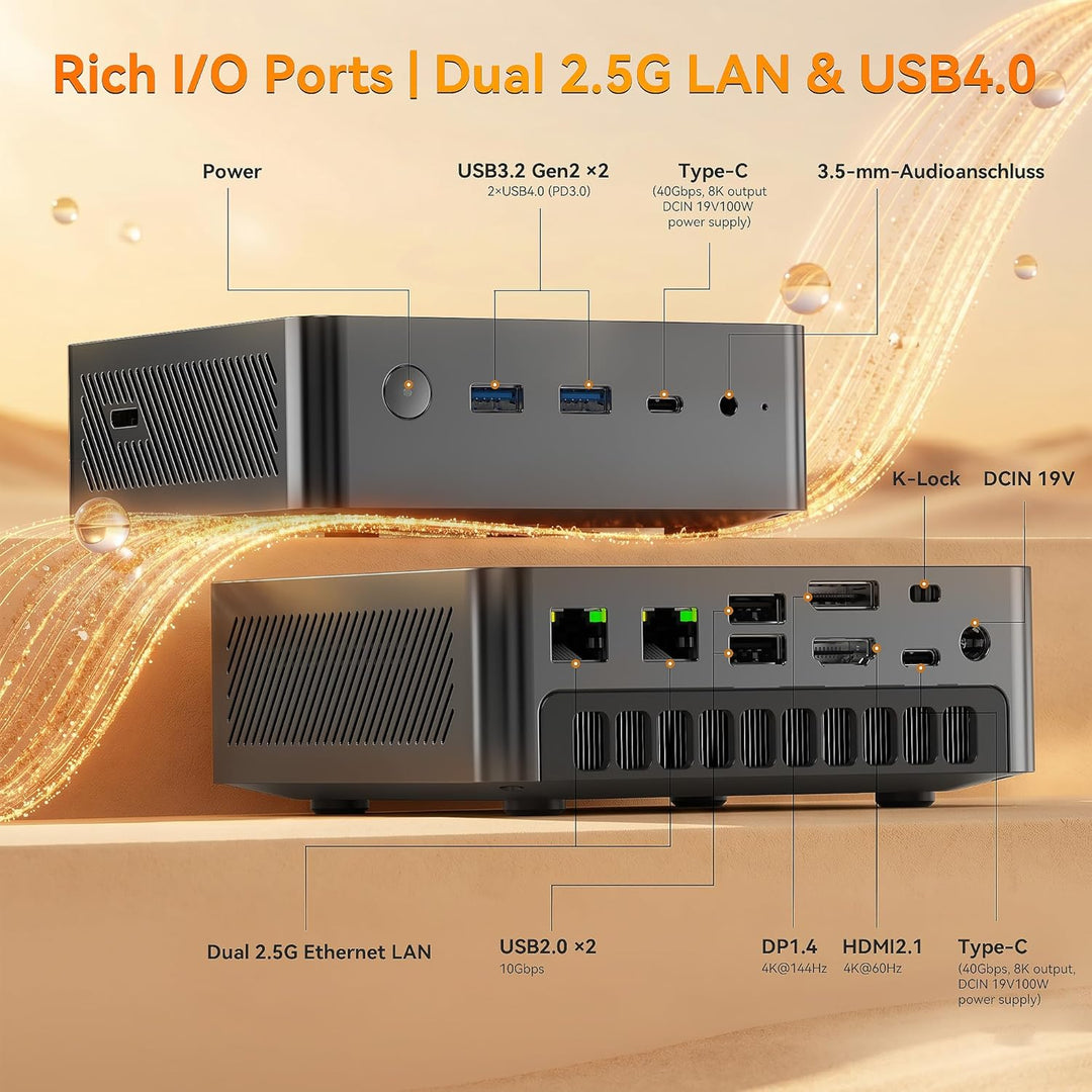 Glorlin Mini PC AMD Ryzen 7 8745HS bis 4.9GHz, Mini Gaming PC 16GB DDR5 1TB M.2 PCIe4.0 SSD, 2X 2.5G