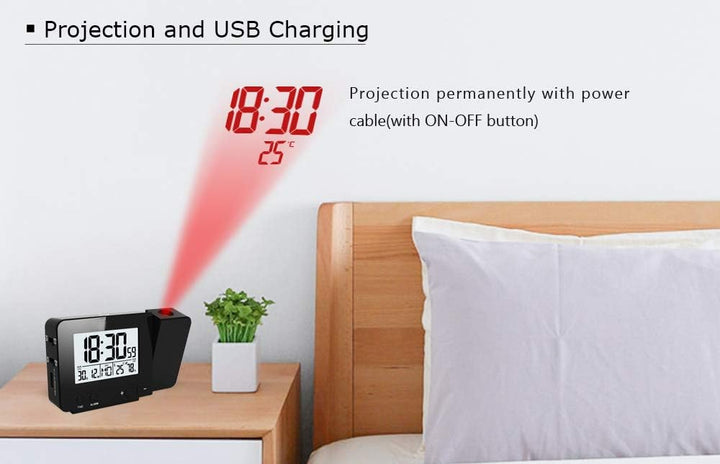 VORRINC Projektionswecker Digital Uhr mit USB Anschluss, Innentemperaturanzeige und Datumsanzeige, 4