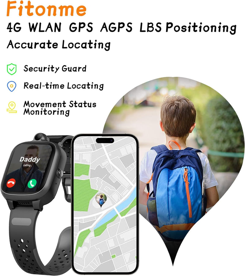 Fitonme 4G Smartwatch Kinder mit GPS Tracker Uhr Telefon WLAN Wasserdichter Echtzeit-Position Videoa