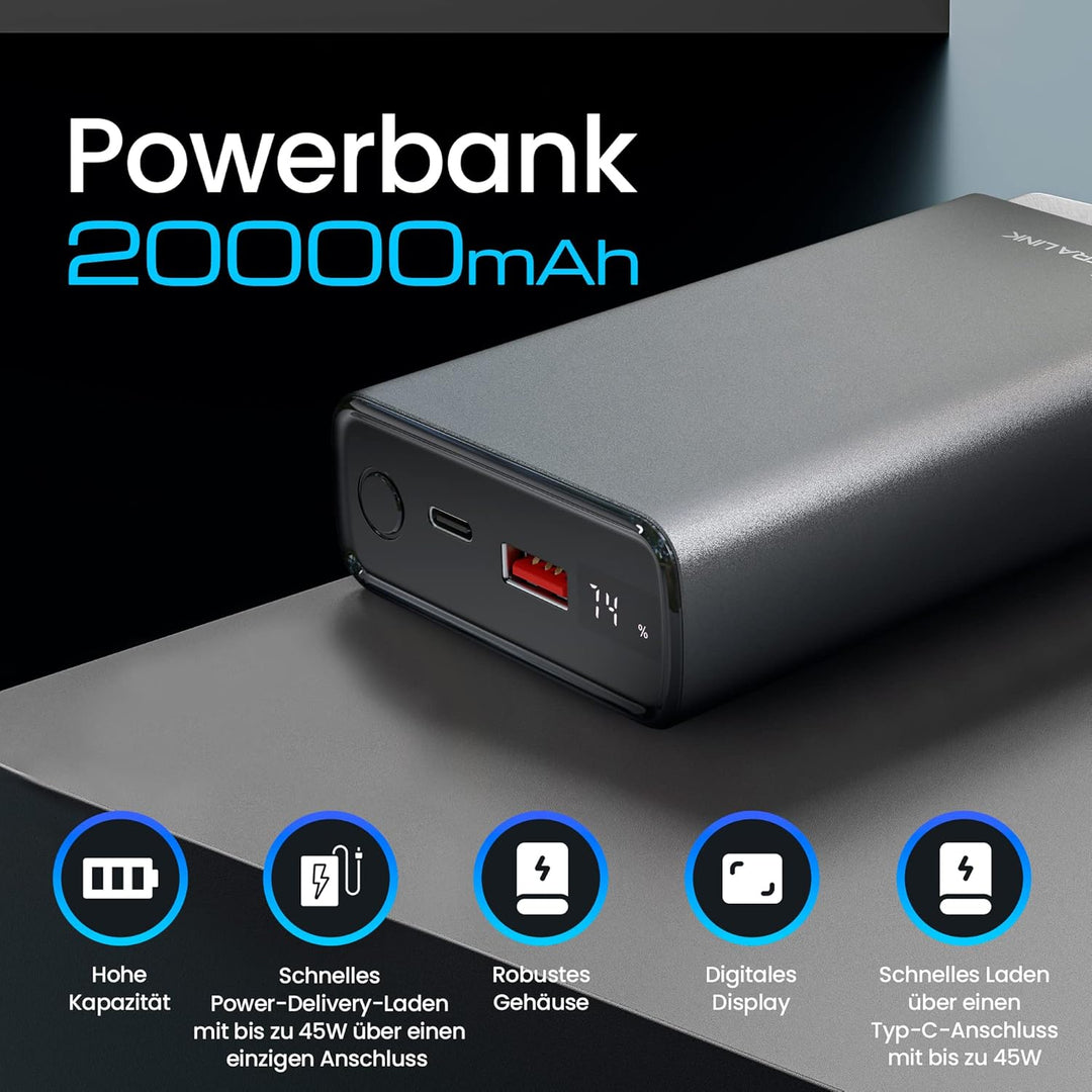 Powerbank 20000mAh Powerbank Schnellladefunktion bis zu 45W PD Power Bank USB C 20000mAh Robustes Ge