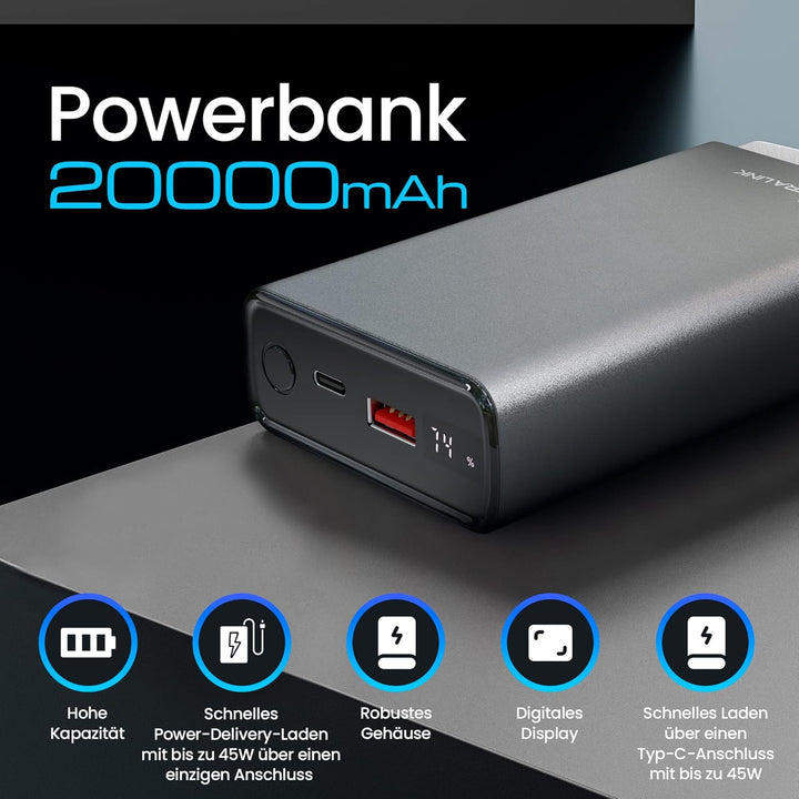 Powerbank 20000mAh Powerbank Schnellladefunktion bis zu 45W PD Power Bank USB C 20000mAh Robustes Ge