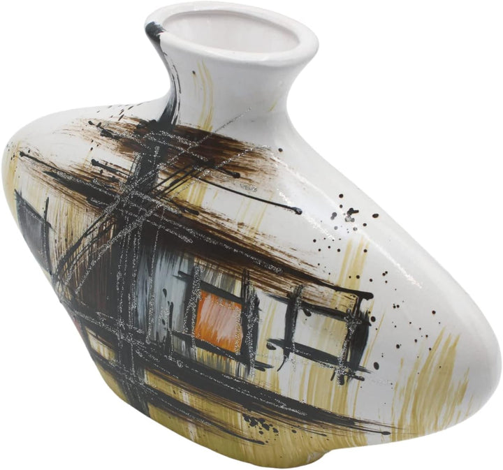Ovale Keramik Vase mit abstraktem Muster, schwarz/braun/Silber, Handarbeit, Grösse: L/B/H ca. 7 x 30