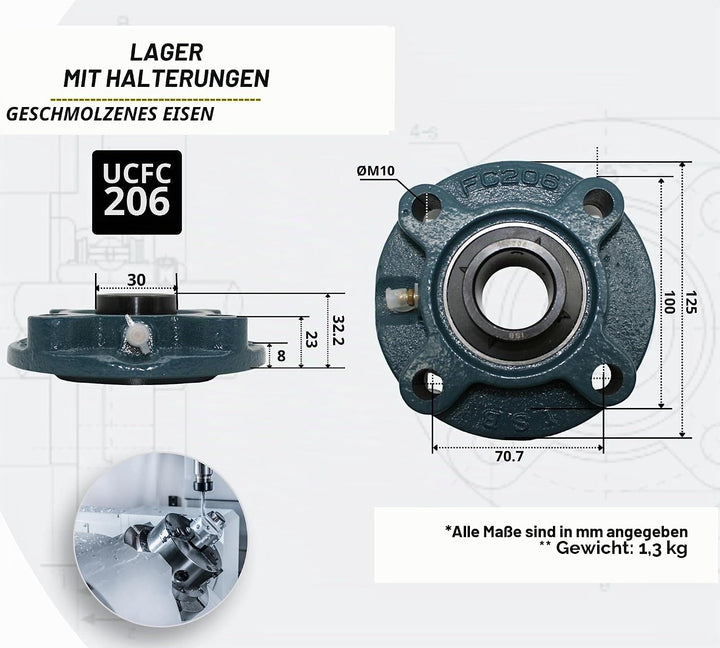 (Pack 2) DOJA Industrial | 2 Lagereinheiten mit UCFC 206 Kugellager für Welle (30 mm Lager mit Stütz