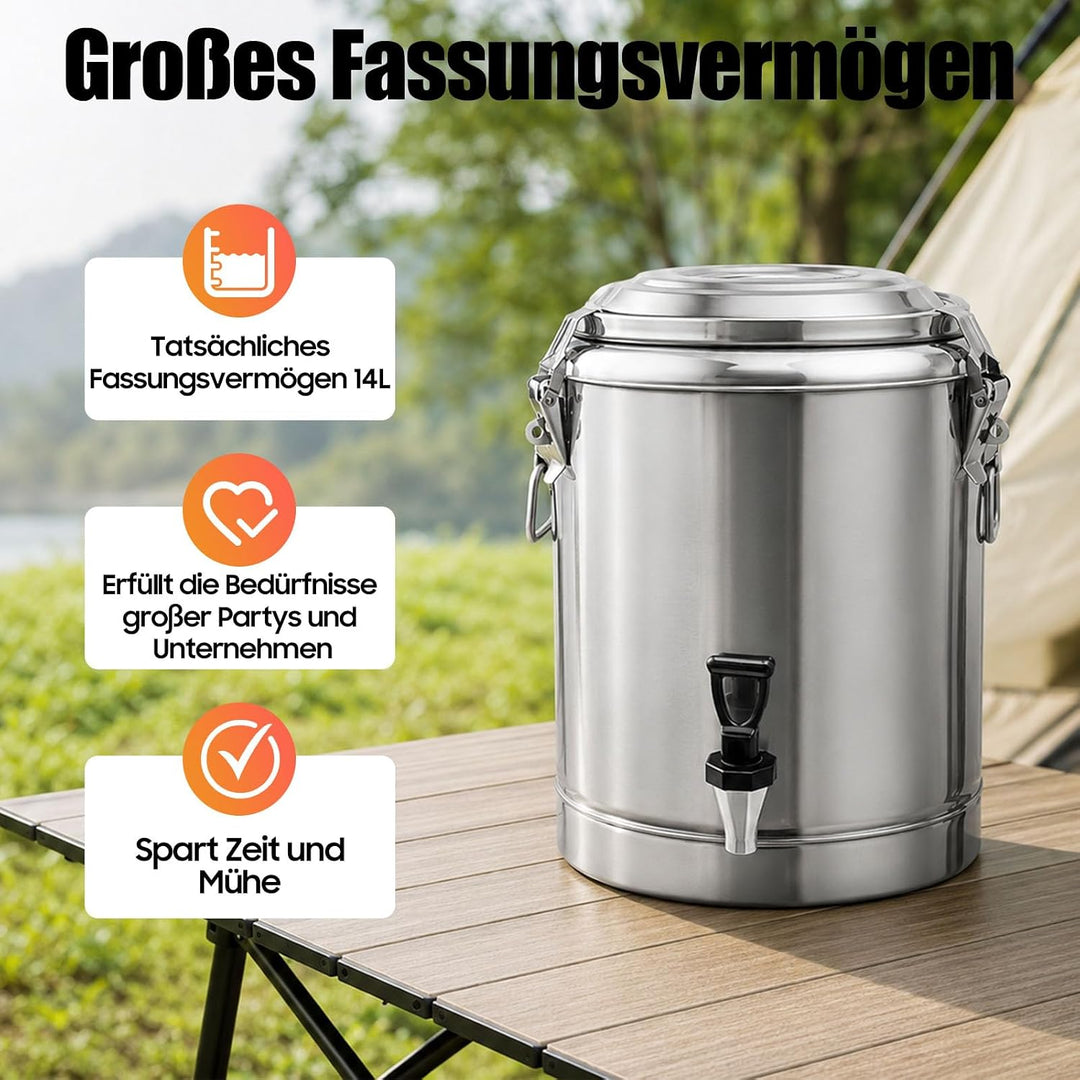 Edelstahl Getränkespender, 14L Transport Thermobehälter mit Zapfhahn, Auslaufsicherer Thermobehälter