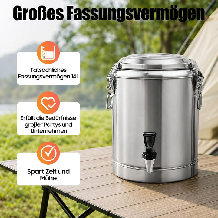Edelstahl Getränkespender, 14L Transport Thermobehälter mit Zapfhahn, Auslaufsicherer Thermobehälter