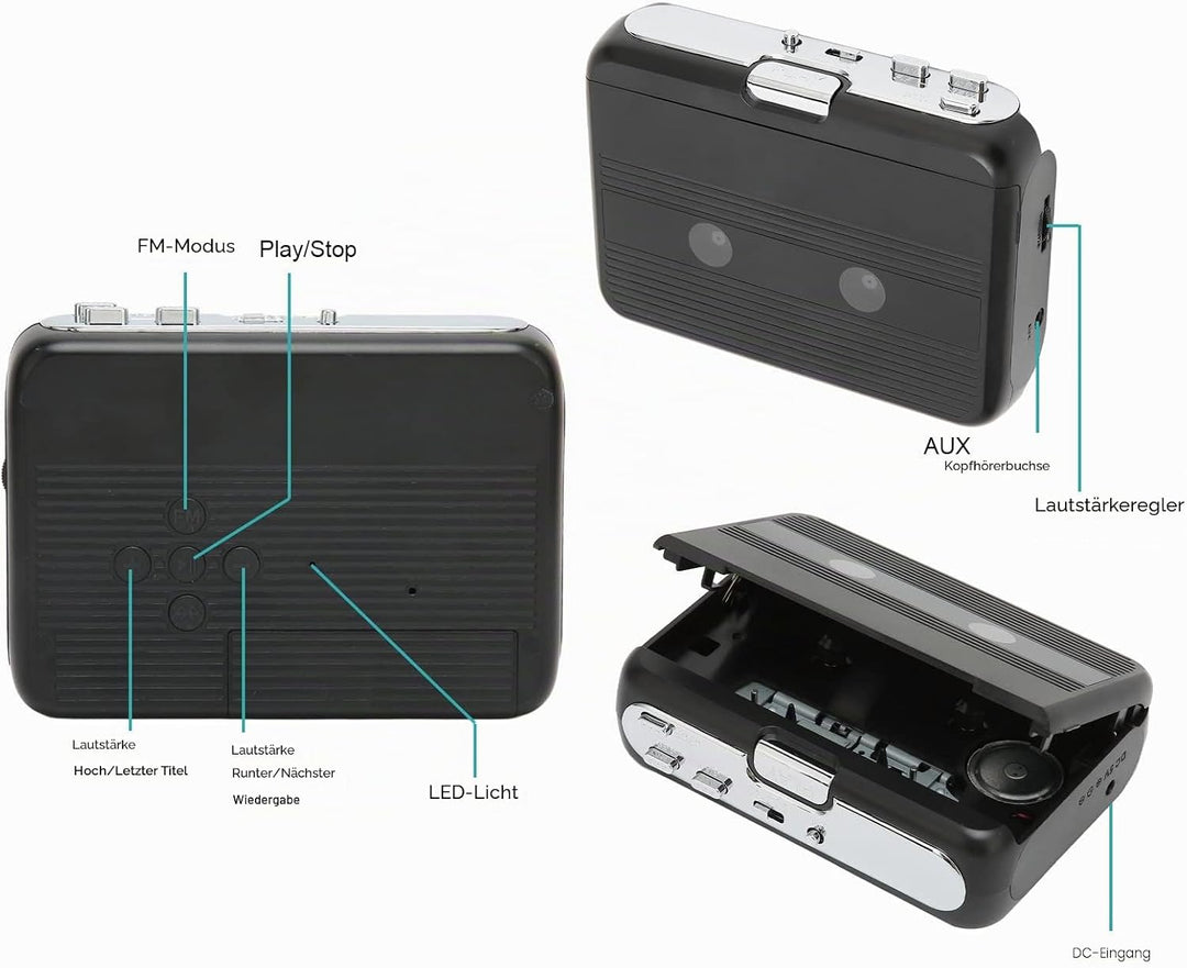 Kassettenspieler, Tragbarer Bluetooth 5.0 Kassettenspieler mit Kopfhörer Auto Reverse Funktion Stere