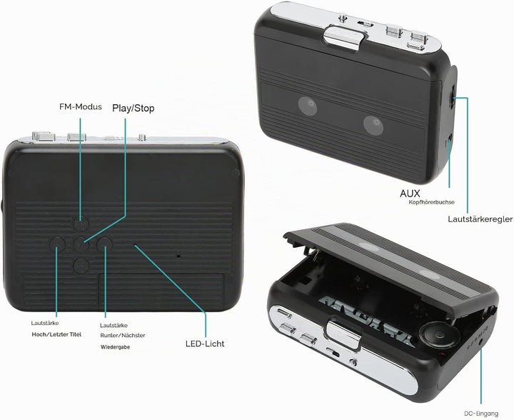 Kassettenspieler, Tragbarer Bluetooth 5.0 Kassettenspieler mit Kopfhörer Auto Reverse Funktion Stere