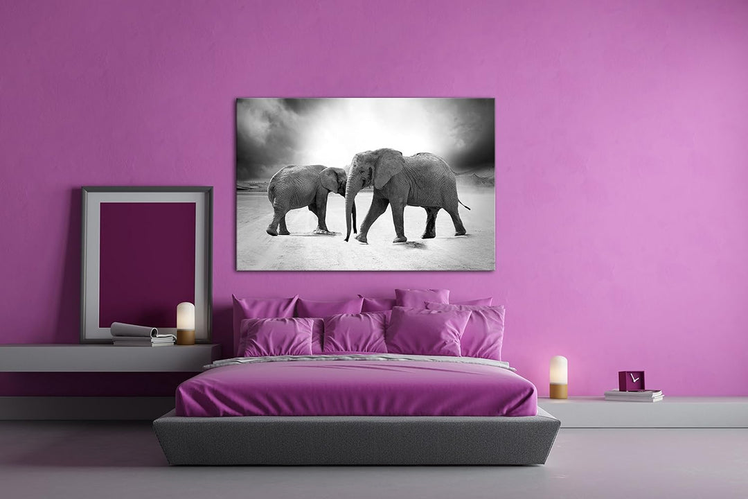 Zwei grosse Elefanten in der Wüste Format: 80x60 als Leinwandbild, Motiv fertig gerahmt auf Echtholz