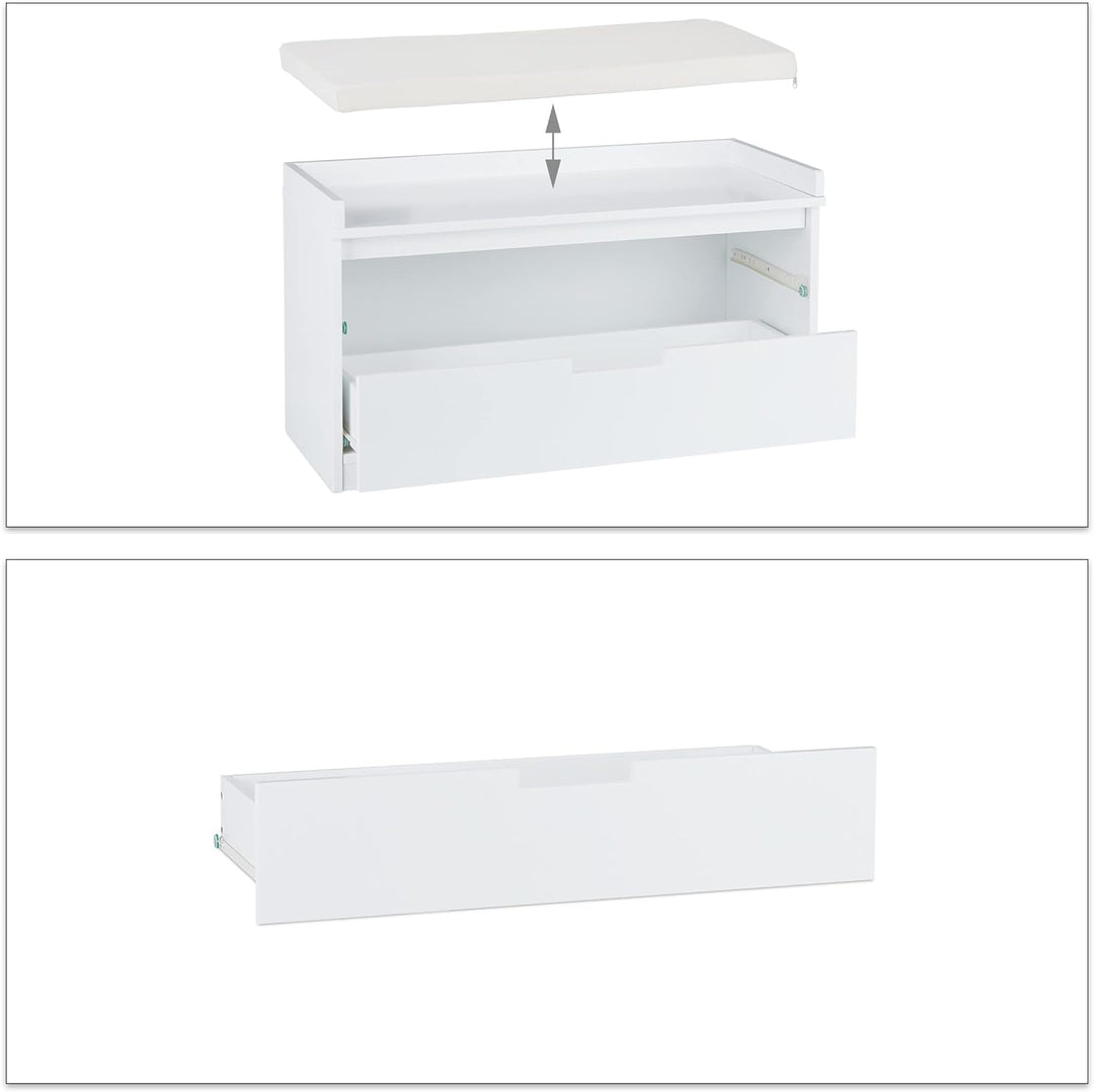 Relaxdays Sitzkommode, Garderobenbank mit 2 Schubladen, Landhausstil, Auflage zum Sitzen, HBT: 45 x