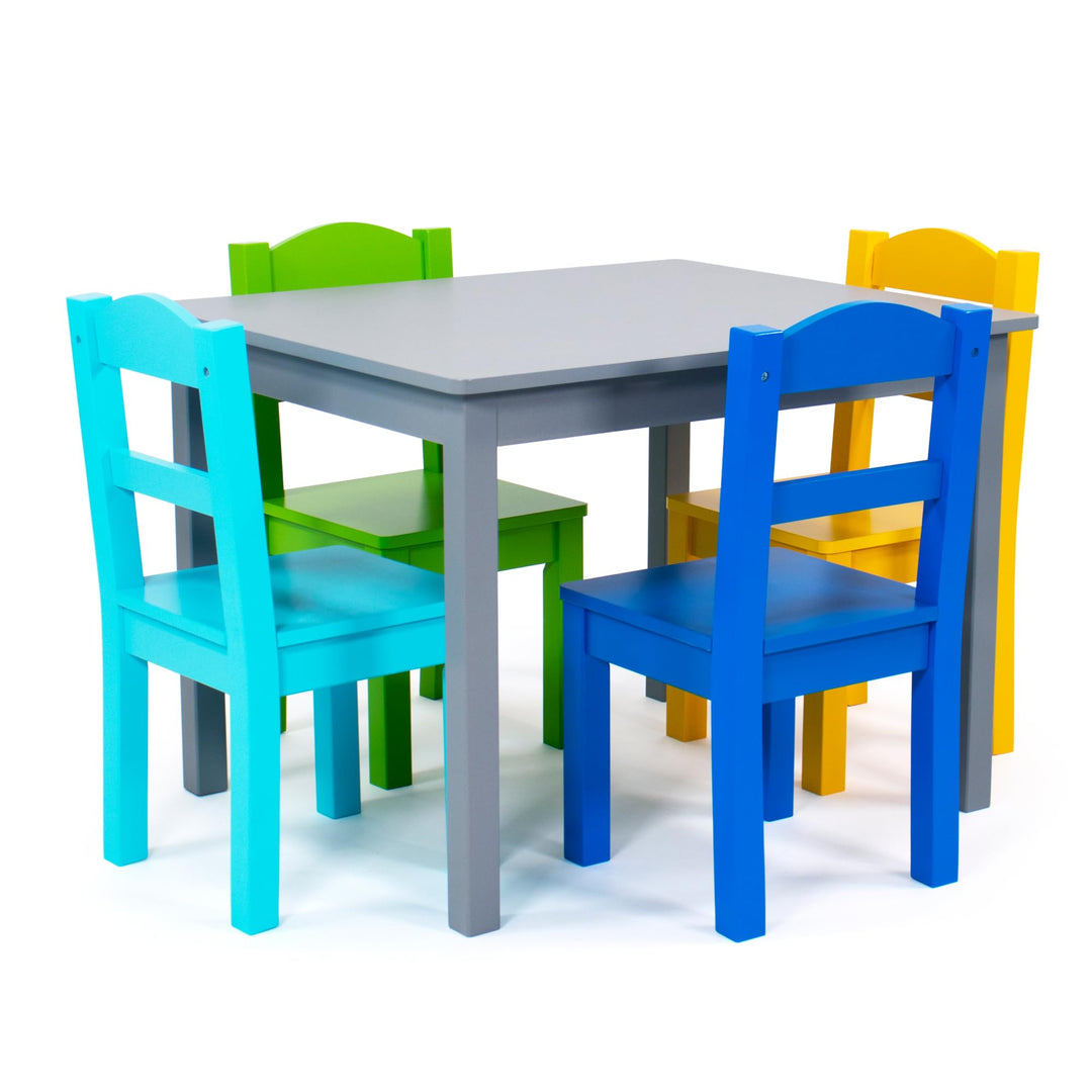 Humble Crew bunter Holztisch für Kinder, Grau/Blau/Grün/Gelb! Mit 4 Stühlen, ideal für Kinderzimmer.