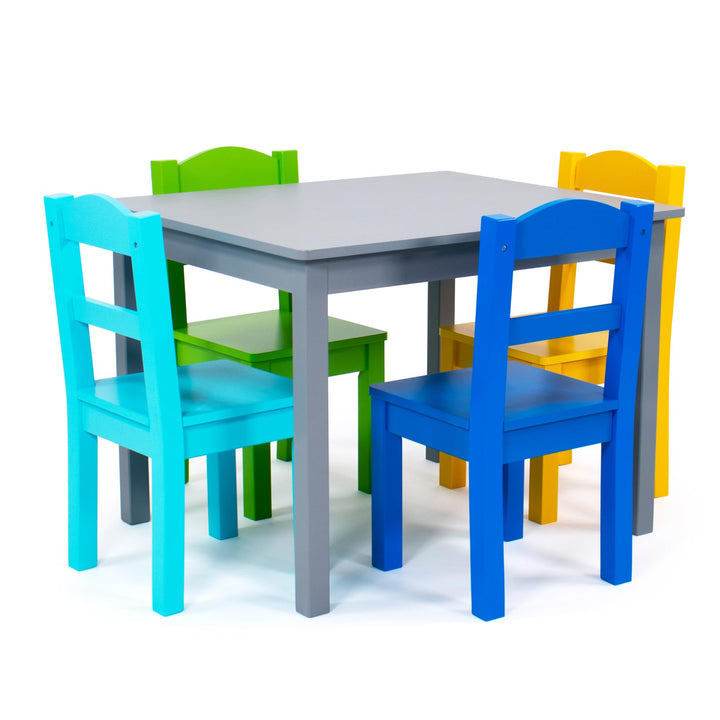 Humble Crew bunter Holztisch für Kinder, Grau/Blau/Grün/Gelb! Mit 4 Stühlen, ideal für Kinderzimmer.