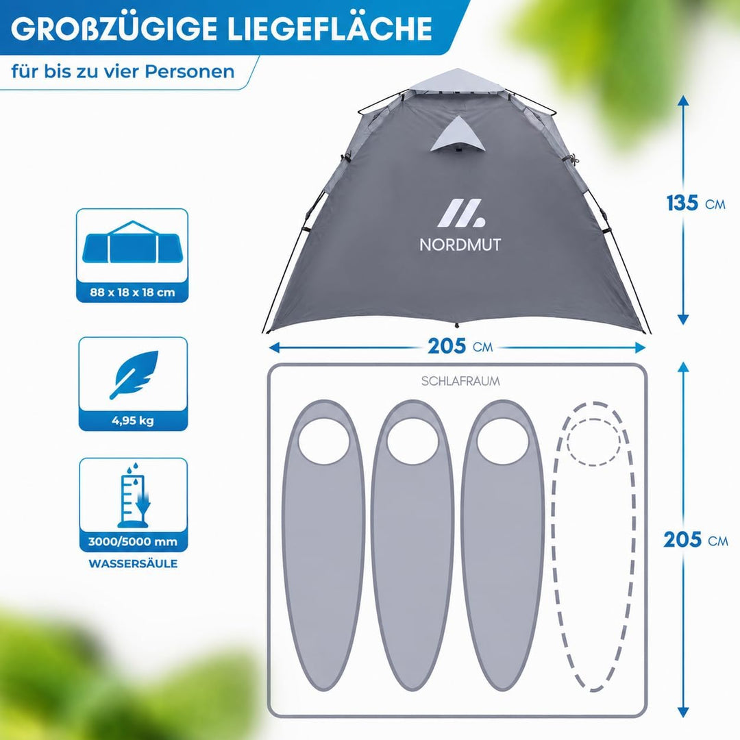 NORDMUT® Wurfzelt 2-4 Personen für blitzschnellen Aufbau – Pop Up Zelt 2-4 Personen wasserdicht &amp; UV