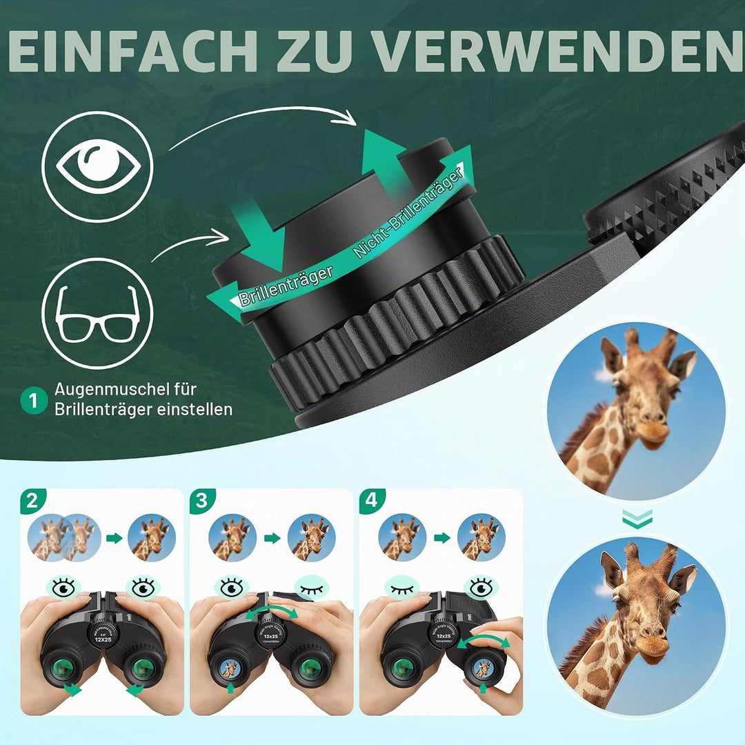 Kylietech Kompakt Fernglas 12x25, Leichtes Ferngläser für Erwachsene und Kinder, FMC Multi-Coated Op