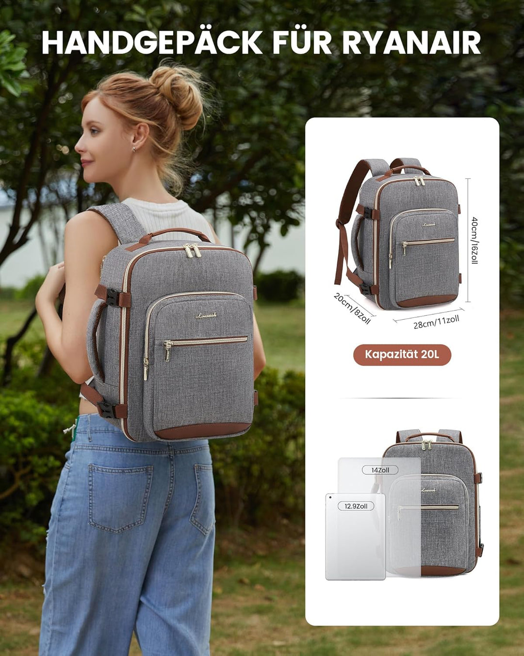 LOVEVOOK für Ryanair Handgepäck 40x30x20 Rucksack, Kleiner Handgepäcktasche Reiserucksack Flugzeug,