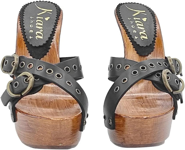 Kiara Shoes SCHWARZ Holzschuhe aus Leder - K9130 NERO (37 EU, SCHWARZ) 37 EU Schwarz, 37 EU Schwarz